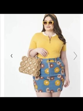 NWT Unique Vintage Blue Denim Sunflower Print Mini Skirt